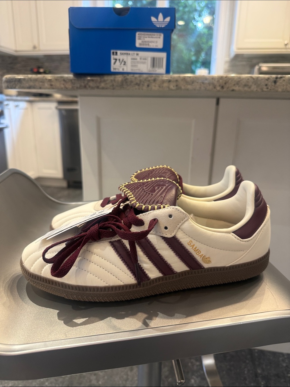 NIB adidas WOMEN’s Samba long tongue Cream and Burgundy Sneakers